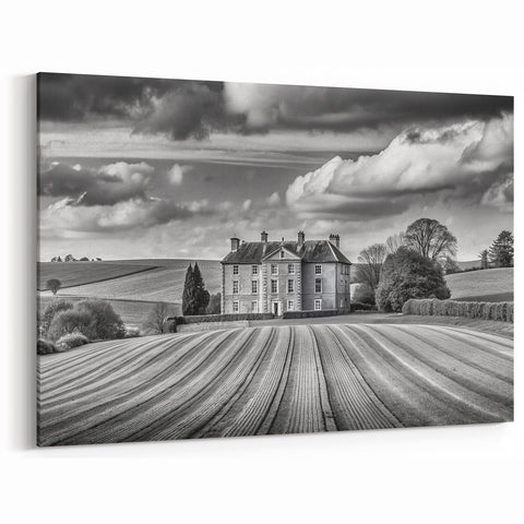Majestic Manor House Art - Black and White Rolling Fields Canvas