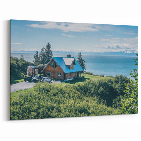 Scenic Lakeside Cabin Art - Rustic Countryside with Ocean View Canvas
