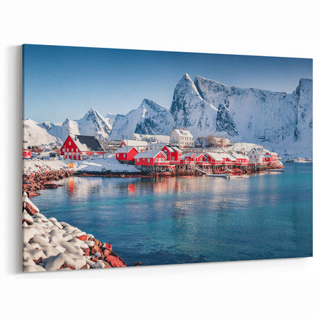 Serene Arctic Seascape Wall Art - Coastal Red Cottages Ocean View Print