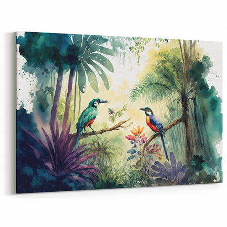 Watercolor Rainforest Birds Art - Tropical Jungle Canvas Print - Nature Decor