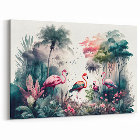 Elegant Flamingos in Lush Rainforest - Vibrant Tropical Canvas Print