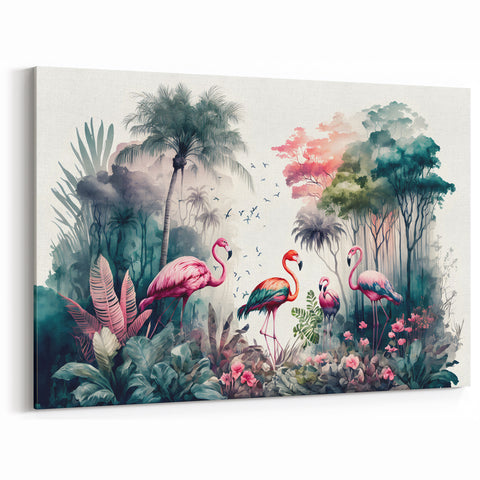 Elegant Flamingos in Lush Rainforest - Vibrant Tropical Canvas Print