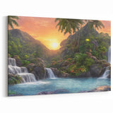 Sunset Over Tropical Waterfalls - Vibrant Rainforest Wall Art Canvas