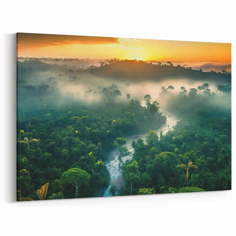 Misty Rainforest River at Sunrise - Serene Tropical Landscape Art