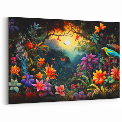 Vibrant Rainforest Flowers & Birds - Colorful Tropical Jungle Art
