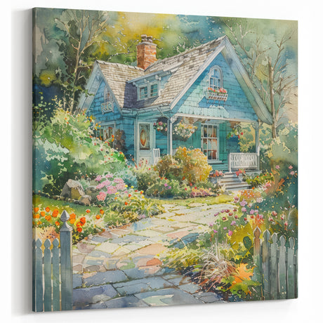 Charming Blue Cottage Wall Art - Colorful Framed Print