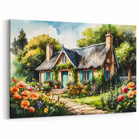 Charming Thatched Cottage Wall Art - Colorful Framed Print