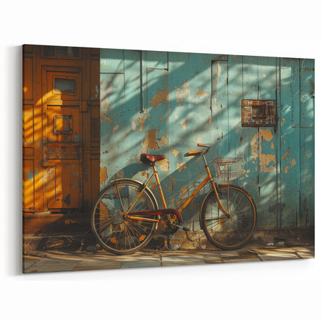 Vintage Bicycle Against Rustic Door - Urban Decay Wall Art Print