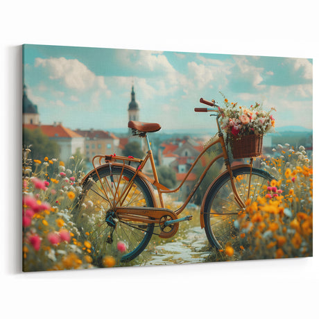 Romantic Floral Bicycle Wall Art - Vintage Cityscape Cycling Print