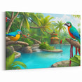 Vibrant Rainforest Birds by Lagoon - Colorful Tropical Paradise Art