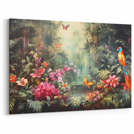 Colorful Parrot and Butterflies - Lush Tropical Rainforest Art