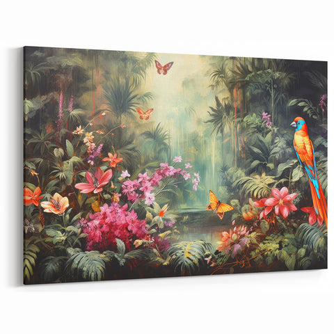 Colorful Parrot and Butterflies - Lush Tropical Rainforest Art