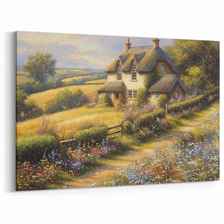 Idyllic Cottage Wall Art - Rustic Countryside Canvas Print for Home Decor