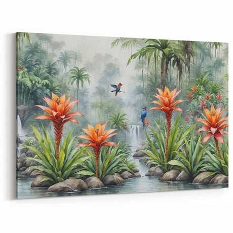 Vibrant Rainforest Wall Art - Tropical Jungle Canvas with Exotic Flowers