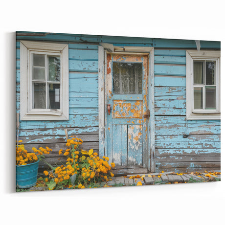Weathered Blue Cottage Door Wall Art - Rustic Vintage Canvas Print