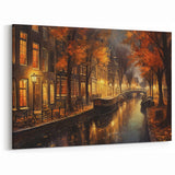 Autumn Evening Canal Street Scene Art - Cozy Urban Canvas Print