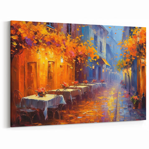 Vibrant Autumn Street Café Scene Art - Colorful Cityscape Canvas