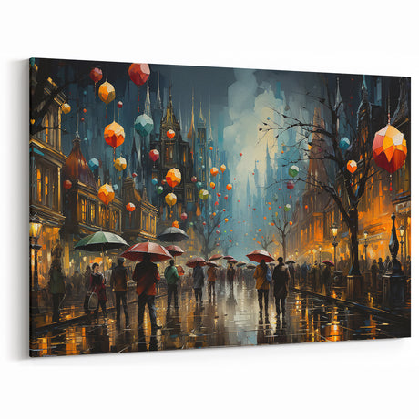 Nighttime Lantern Street Scene Art - Vibrant Urban Cityscape Canvas