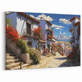 Charming Mediterranean Street Scene Art - Vibrant Floral Village Canvas