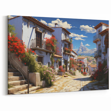 Charming Mediterranean Street Scene Art - Vibrant Floral Village Canvas