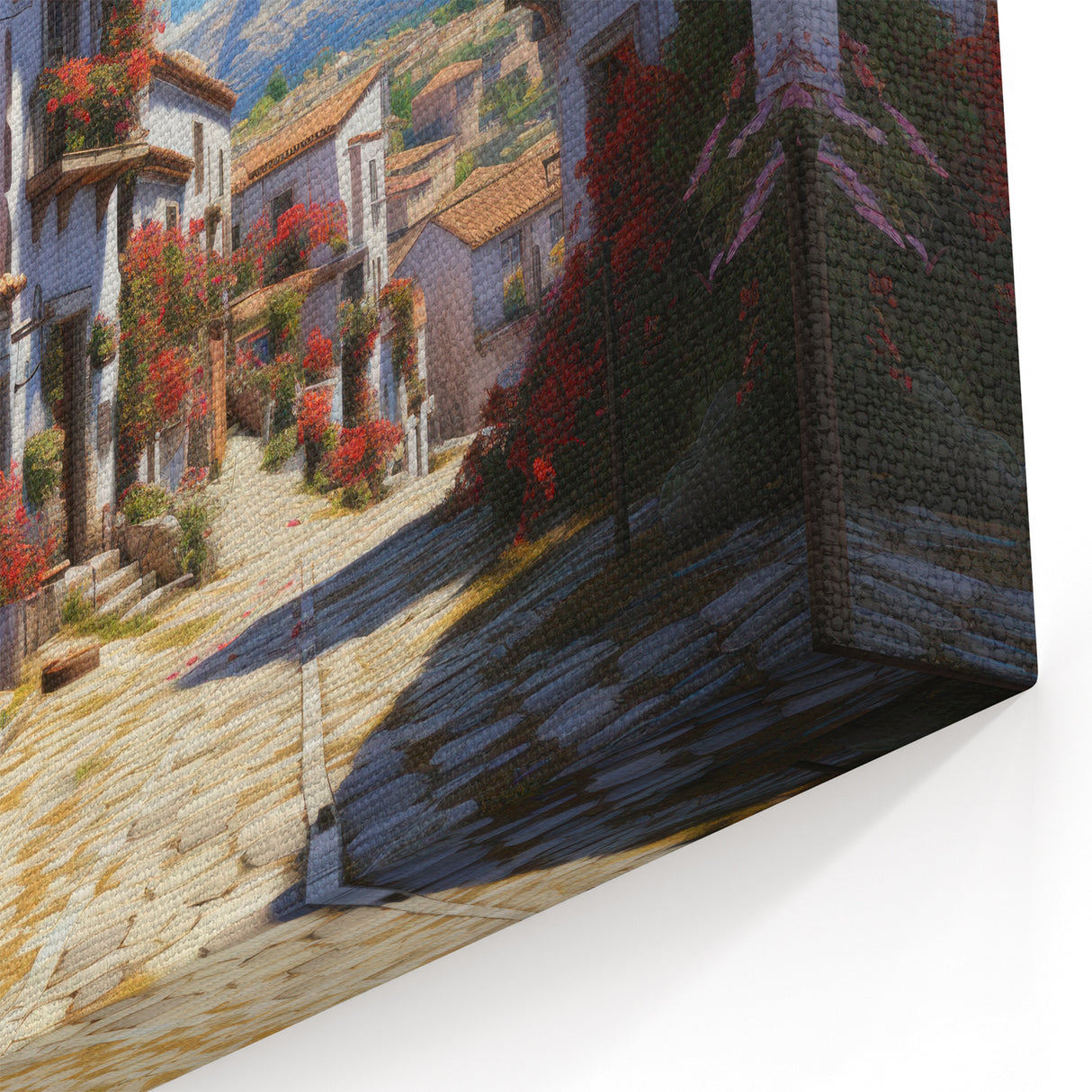 Charming Mediterranean Street Scene Art - Vibrant Floral Village Canvas
