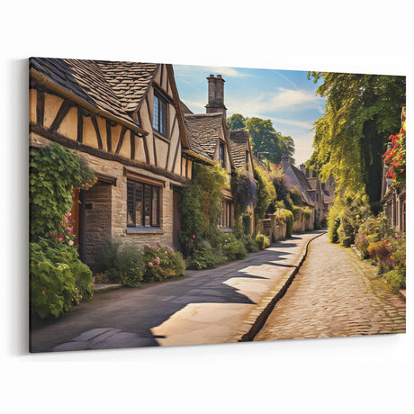 Charming English Village Street Scene Art - Quaint Countryside Canvas