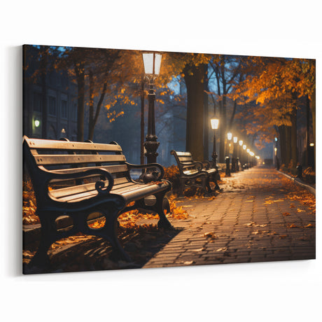 Evening Park Bench Scene - Tranquil Night Street Photography Art