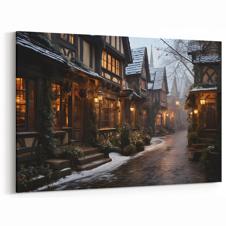 Cozy Winter Street Art Print - Snowy English Village Canvas Scene