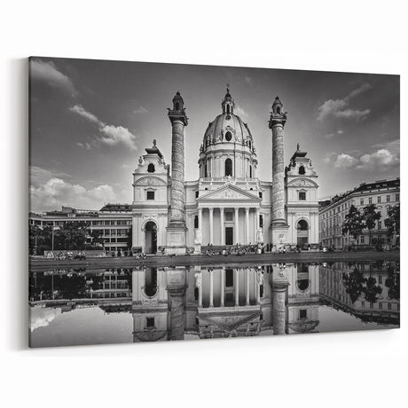 Reflected Cathedral Wall Art – Black & White European Architecture Print