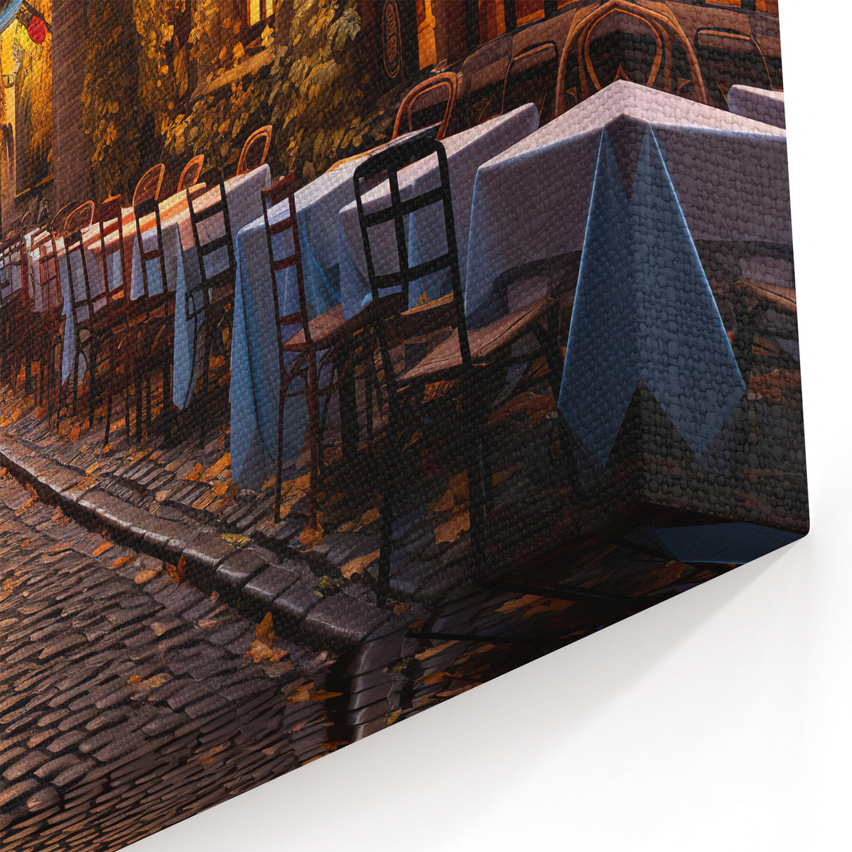 Cozy Autumn Street Cafe Art Print - Warm Evening Cityscape Canvas
