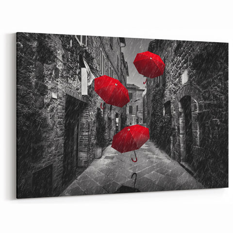 Dramatic Red Umbrellas - Black and White Street Photography Art Print