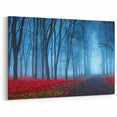 Misty Forest with Red Leaves Art - Ethereal Foggy Landscape Decor