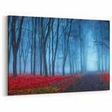 Misty Forest with Red Leaves Art - Ethereal Foggy Landscape Decor