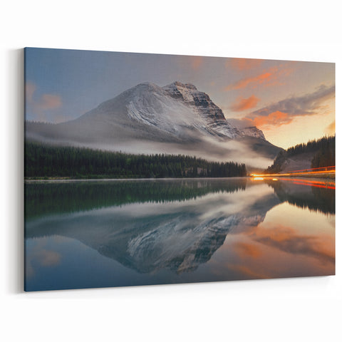 Snow-Capped Mountain Reflection Art - Serene Misty Lake Landscape