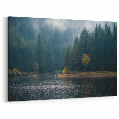 Misty Forest Lake Art - Tranquil Pine Trees and Reflective Water Decor