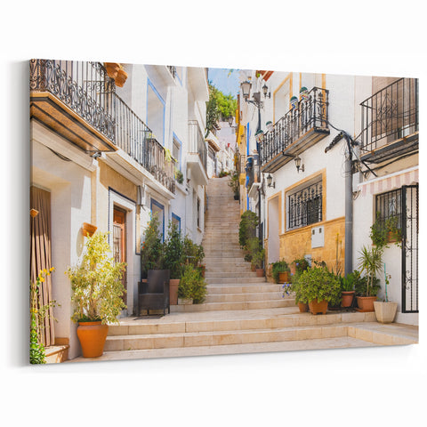 Sunlit Spanish Stairway - Bright Urban Street Landscape Art Print