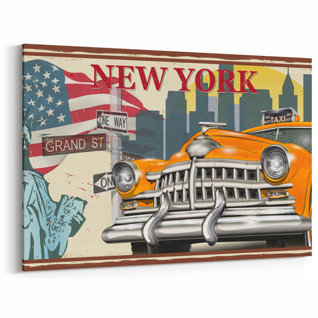 Vintage New York Taxi Poster - Iconic Taxi and Statue of Liberty Art
