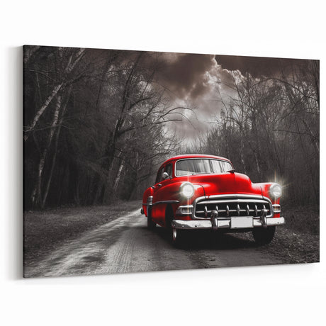 Striking Red Vintage Car in Forest - Dramatic Classic Car Wall Art Print