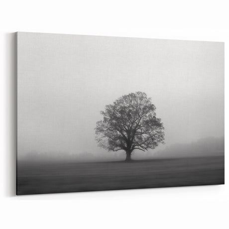 Solitary Tree in Fog Art - Serene Black and White Landscape Wall Decor