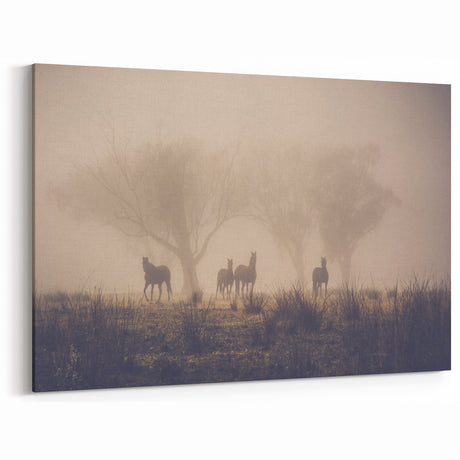 Horses in Morning Mist Art - Serene Foggy Pasture Landscape Decor