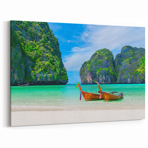 Tropical Beach Landscape Wall Art - Seaside Decor with Wooden Boats
