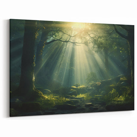 Sunbeams in Enchanted Forest Art - Serene Nature Landscape Decor