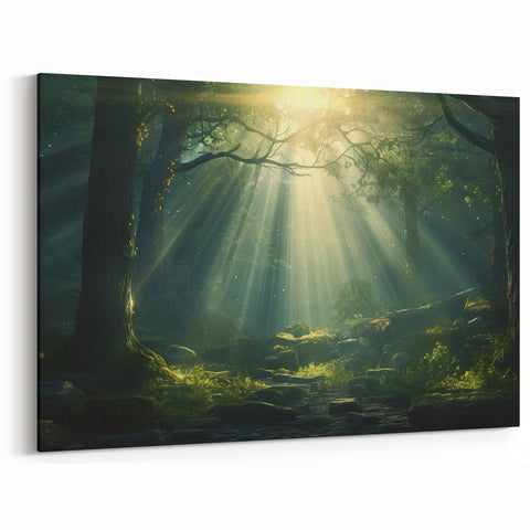 Sunbeams in Enchanted Forest Art - Serene Nature Landscape Decor