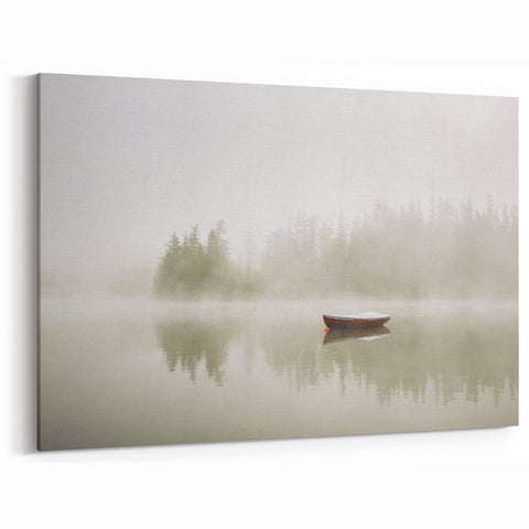Serene Misty Lake Art - Tranquil Boat and Fog Canvas for Calm Decor