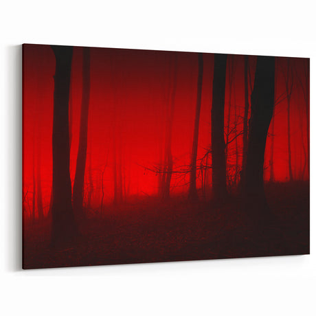 Fiery Red Misty Forest Art - Bold and Dramatic Canvas for Striking Decor