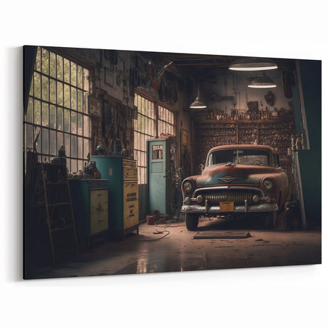 Vintage Garage Car Art: Classic Workshop Scene Prints for Rustic Decor