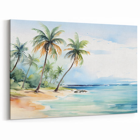 Watercolor Tropical Beach Art - Serene Coastal Palm Tree Decor