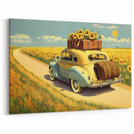 Vintage Sunflower Road Trip Art: Nostalgic Car Decor for Cheerful Spaces