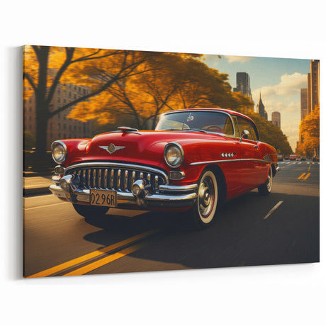 Classic Red Car Art: Vibrant Vintage Vehicle Decor for Urban Spaces