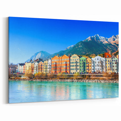 Colorful Riverside Village - Vibrant Mountain Landscape Wall Art